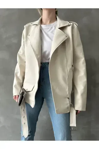 Женская байкерская куртка oversize из искусственной кожи - кремовая - 4