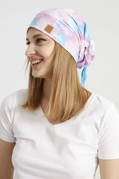 Женская батик, аква многоцветная пряжа с деталями 4 сезона шапка-бини бафф - ультра мягкая натуральная хлопчатобумажная ткань - Modazone (1)