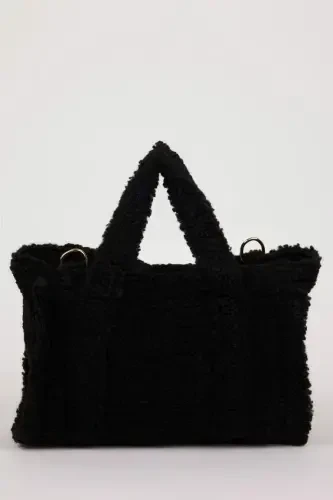 Женская базовая однотонная плюшевая сумка через плечо - черная - 5
