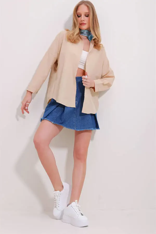 Женская базовая рубашка из хлопка бежевого цвета с манжетами ALC-X11494 - 3