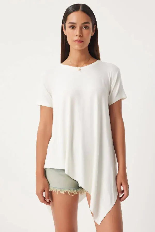 Женская белая асимметричная вискозная трикотажная футболка EN00599 - 1