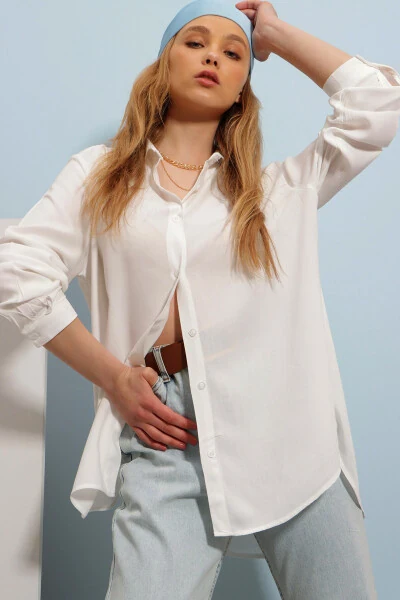 Женская белая базовая рубашка из ткани ALC-X5442 - TREND ALAÇATI STILI (1)