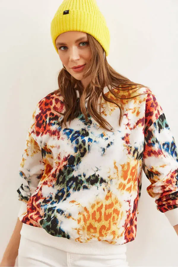 Женская белая леопардовая базовая мягкая свободная толстовка SWT-19000457 - 1