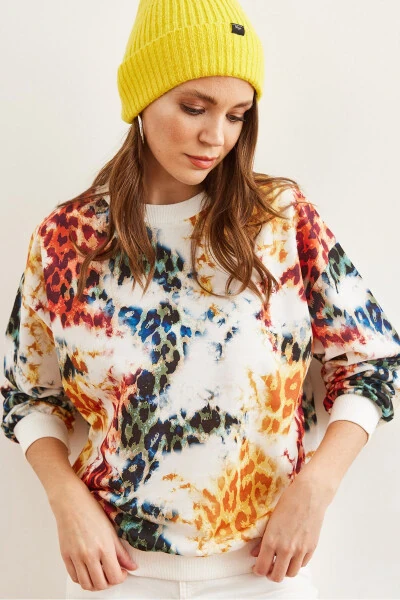 Женская белая леопардовая базовая мягкая свободная толстовка SWT-19000457 - 3