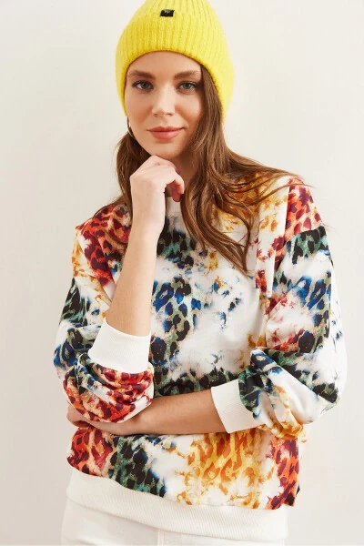 Женская белая леопардовая базовая мягкая свободная толстовка SWT-19000457 - 4