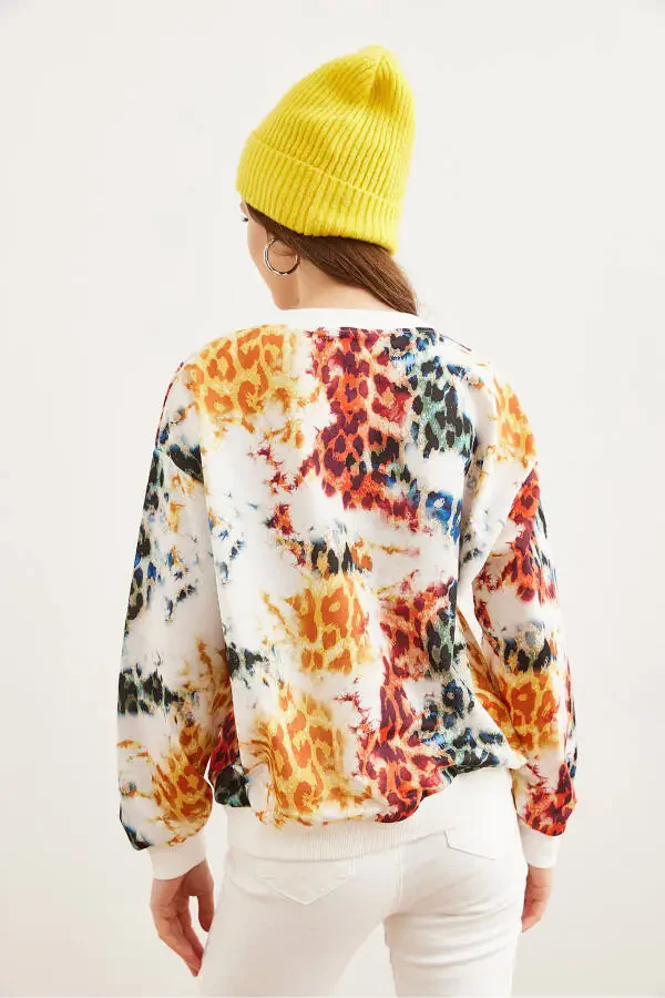 Женская белая леопардовая базовая мягкая свободная толстовка SWT-19000457 - 5