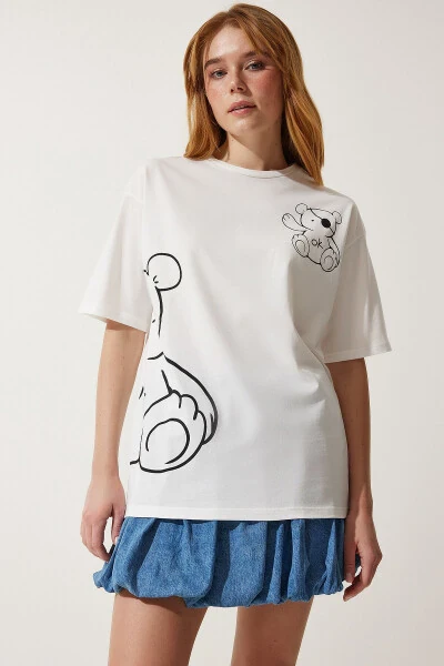 Женская белая oversize вязаная футболка HF00457 - HAPPINESS İSTANBUL (1)