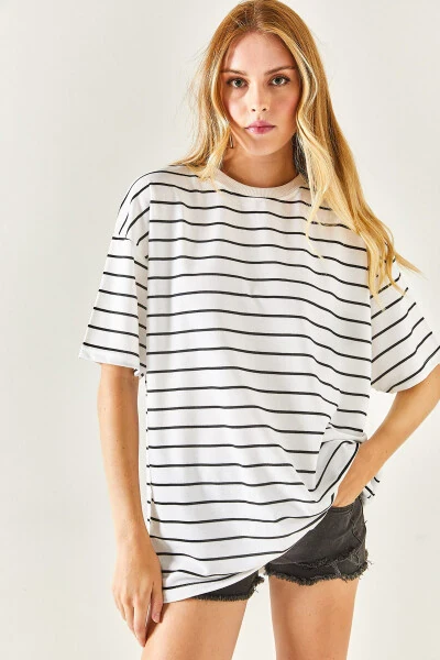 Женская белая полосатая футболка унисекс оверсайз с 2 нитями TSH-19000764 - OLALOOK (1)