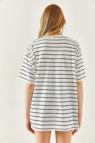 Женская белая полосатая футболка унисекс оверсайз с 2 нитями TSH-19000764 - 6