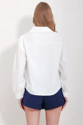 Женская белая рубашка с рукавами-фонариками, ребристым воротником фисто и тканым верхом ALC-X11573 - 5