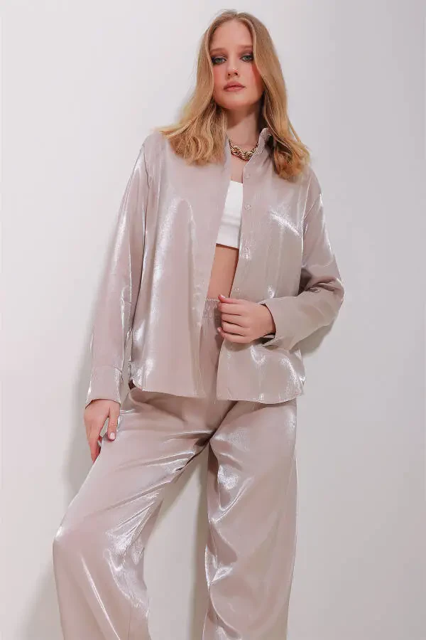 Женская бежевая блестящая тканая рубашка в стиле оверсайз ALC-X11492 - 3