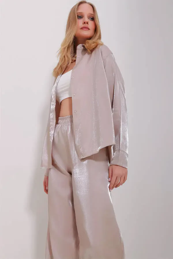 Женская бежевая блестящая тканая рубашка в стиле оверсайз ALC-X11492 - 6