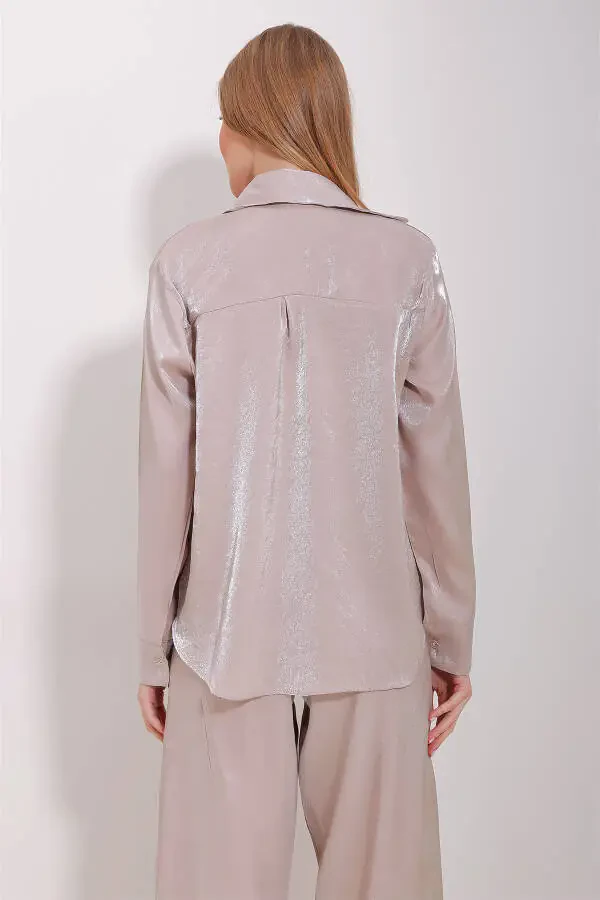 Женская бежевая блестящая тканая рубашка в стиле оверсайз ALC-X11492 - 7