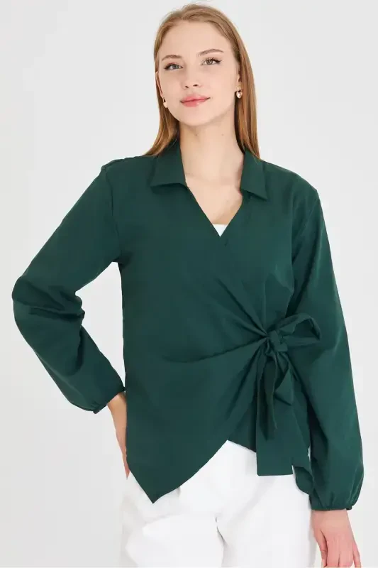 Женская блуза цвета хаки с запахом и воротником ARM-22Y024025-Khaki - 3