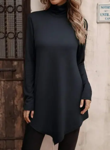 Женская блузка антрацитового цвета из шерсти и вискозы с длинными рукавами, воротником-стойкой, асимметричным кроем и деталями. - 1