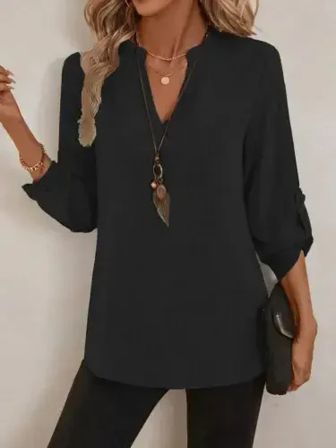 Женская блузка из льна с рукавом три четверти и V-образным вырезом - BÜYÜKBEDENIZ (1)