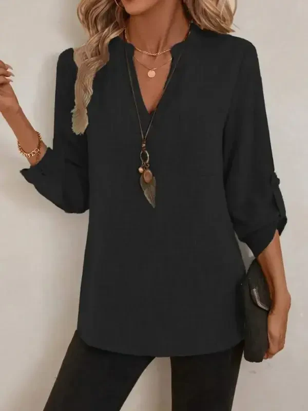 Женская блузка из льна с рукавом три четверти и V-образным вырезом - 2