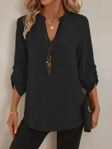 Женская блузка из льна с рукавом три четверти и V-образным вырезом - 4