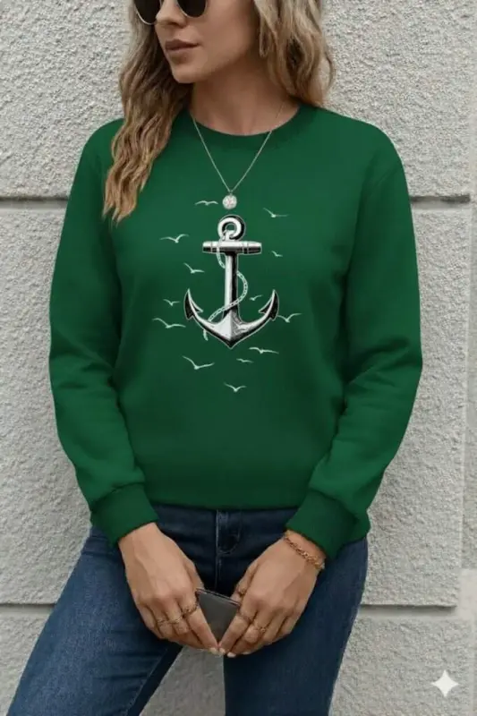 Женская блузка из вискозы двунитки с длинными рукавами, велосипедным воротником и узором - BÜYÜKBEDENIZ