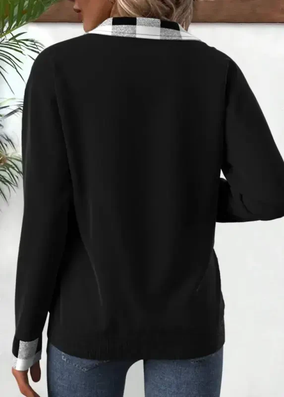 Женская блузка из вискозы двунитки с длинными рукавами, воротником, застежкой-молнией спереди и клетчатой отделкой. - 2