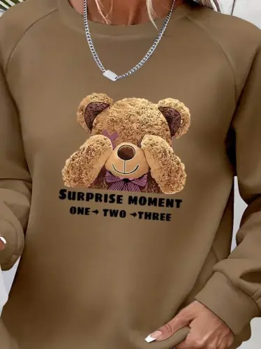 Женская блузка из вискозы с длинными рукавами, круглым вырезом и принтом мишки, двухниточная - 2