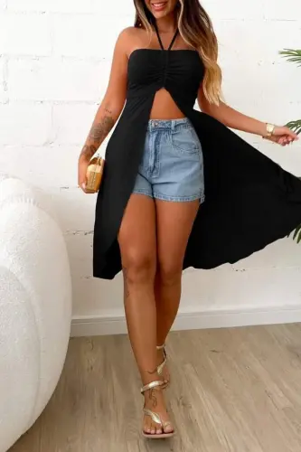 Женская блузка миди без бретелек с бретелькой на шее - 1