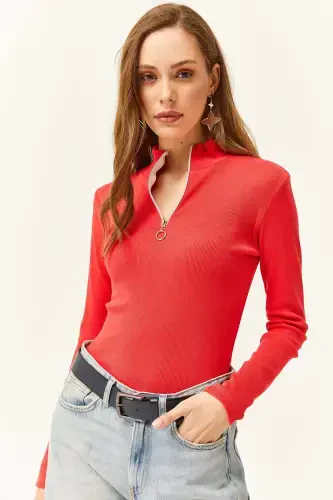 Женская Блузка на молнии с высоким воротником и лайкрой, цвет граната – цвет граната. - OLALOOK (1)