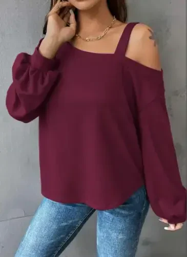 Женская блузка с длинным рукавом, открытым плечом, драпировкой и деталью на бретелях. - BÜYÜKBEDENIZ (1)