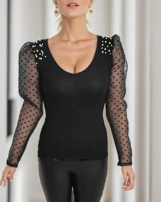 Женская блузка с длинными рукавами, открытыми плечами, жемчужными рукавами, тюлевой деталью, вискоза. - 10
