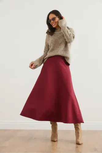 Женская Бордовая Макси Юбка-Клеш из Ткани Scuba с Пышным Эффектом ETK-19000296- - 4