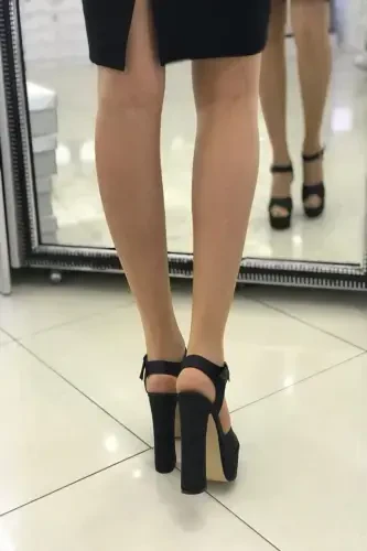 Женская черная атласная ткань, завязывающаяся на щиколотке, открытая спереди, массивная платформа на каблуке - ЧЕРНЫЙ - SHOELAYN (1)