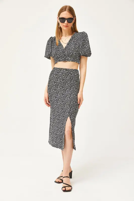 Женская черная блузка на пуговицах Юбка с разрезом снизу Ta - 5