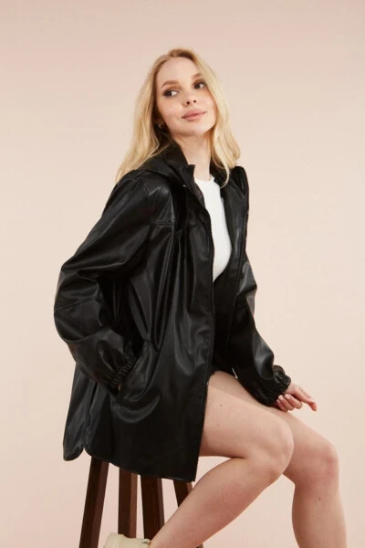 Женская черная длинная кожаная куртка с капюшоном - BYHAZIRAN BUTIK (1)