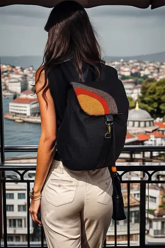 Женская Черная Оранжевая Ручная Работа Рюкзак - Черный Желтый 
