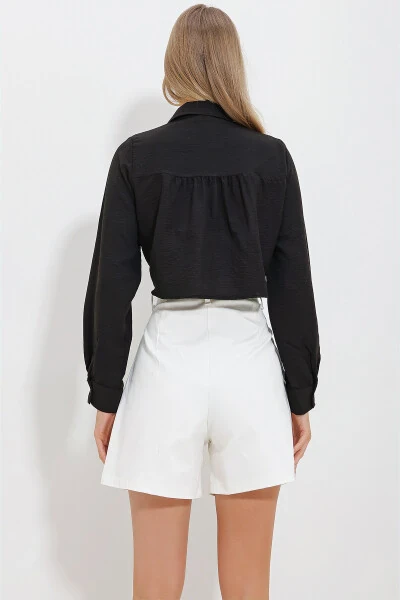 Женская черная рубашка-кроп с двумя карманами и завязками спереди Aerobin ALC-X11633 - 4