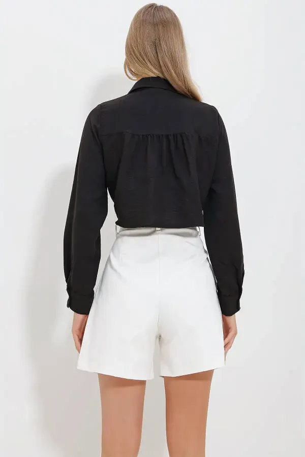 Женская черная рубашка-кроп с двумя карманами и завязками спереди Aerobin ALC-X11633 - 4