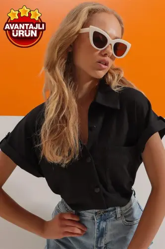 Женская черная рубашка с двойными короткими рукавами и манжетами с текстурой ALC-X8724 