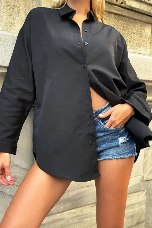 Женская черная свободная длинная рубашка ALC-X6828 - 6