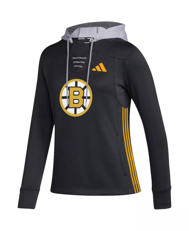 Женская черная толстовка Boston Bruins Refresh с вырезом под шнуровку AEROREADY с капюшоном, черная - 2