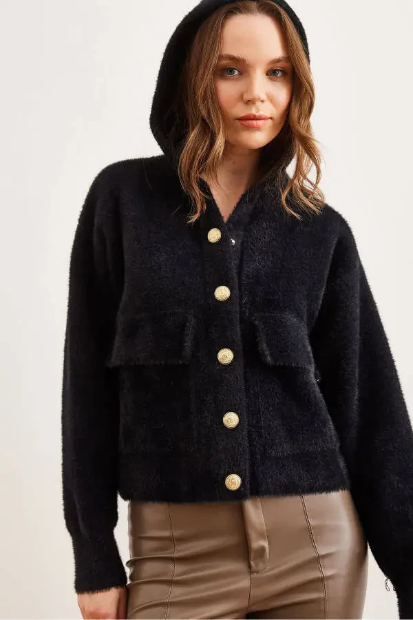 Женская черная толстовка с капюшоном и карманами, мягкая текстура, толстая борода HRK-19000325 - 2