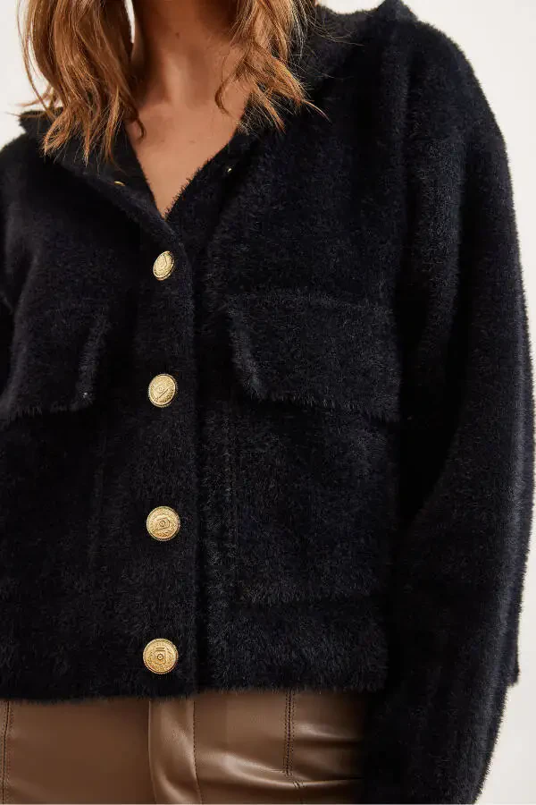 Женская черная толстовка с капюшоном и карманами, мягкая текстура, толстая борода HRK-19000325 - 6