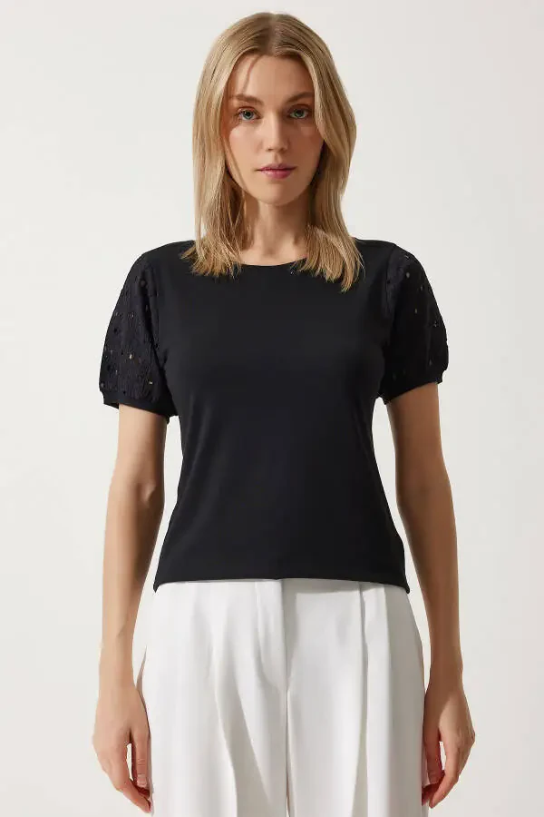 Женская черная хлопковая базовая трикотажная футболка с кружевными рукавами VF00001 - 3