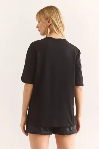 Женская Черная Жемчужина Лента Деталь Regular Fit Хлопок - OLALOOK (1)