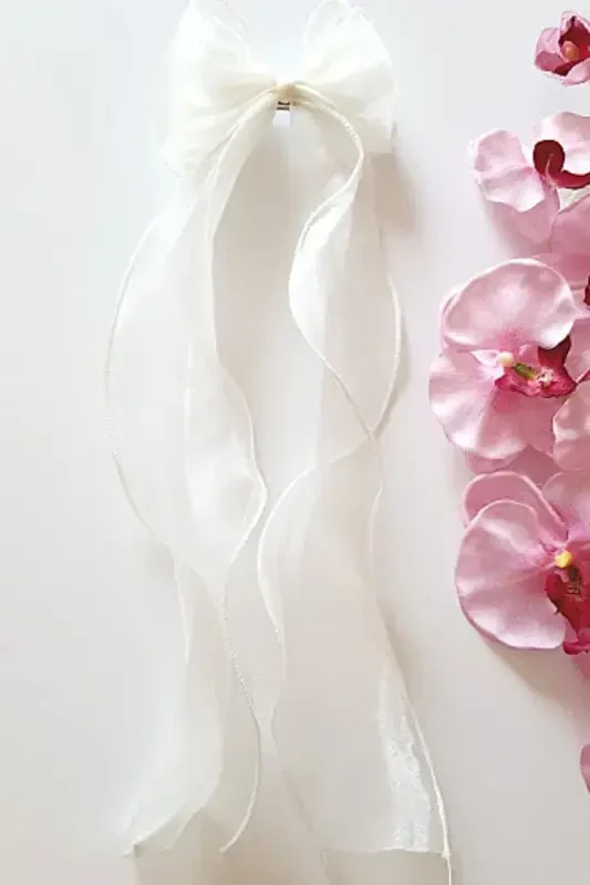 Женская Длинная Тюлевая Лента-Бант Заколка Белая-БЕЛЫЙ - 1