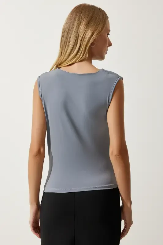 Женская дымчатая блузка с драпировкой, без рукавов, вязаная YU00015-Дымчатый - 3