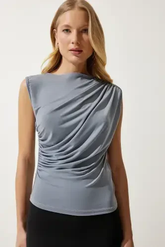 Женская дымчатая блузка с драпировкой, без рукавов, вязаная YU00015-Дымчатый - 5