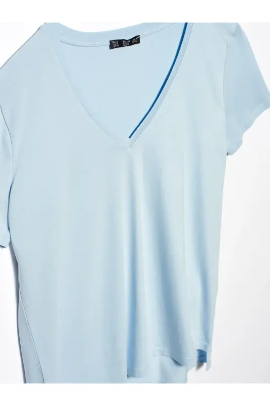 Женская футболка Baby Blue с V-образным вырезом, базовая модель 101A03470-Baby Blue. - 4
