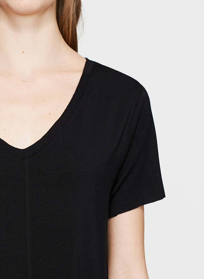 Женская футболка BASIC V NECK TOP B - Синяя V-образная горловина, однотонная черная - 6