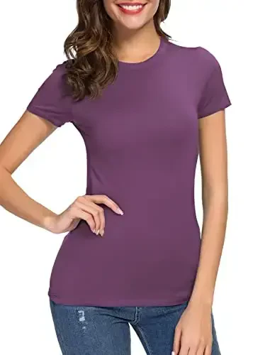 Women's Crewneck Slim Fitted Short Sleeve T-Shirt Stretchy Bodycon Basic Tee Tops - 5