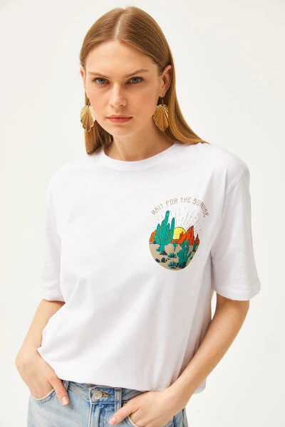 Женская футболка с принтом заката на передней и задней части цвета слоновой кости TSH-19000779 - OLALOOK (1)